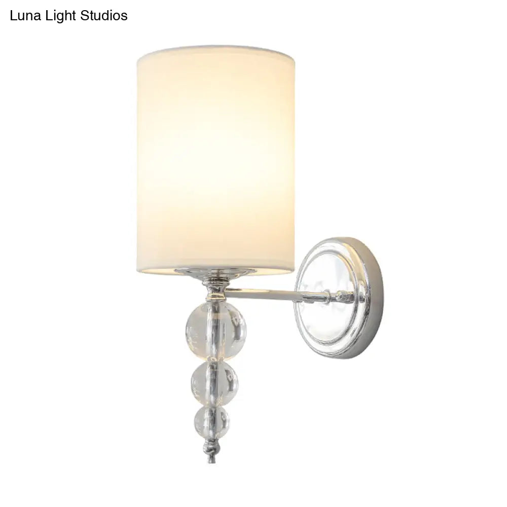 Modern Fabric And Metal Wall Lamp With Clear Crystal Ball Deco In Chrome - 1 Head Cylinder Shade