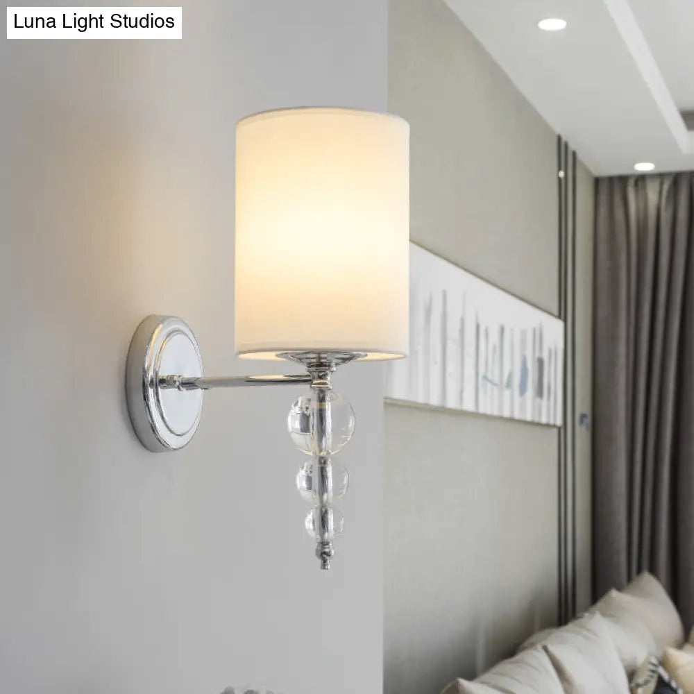 Modern Fabric And Metal Wall Lamp With Clear Crystal Ball Deco In Chrome - 1 Head Cylinder Shade