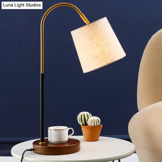 Modern Fabric Barrel Desk Lamp With Curvy Metal Arm - Red/Brown/Beige Night Table Light