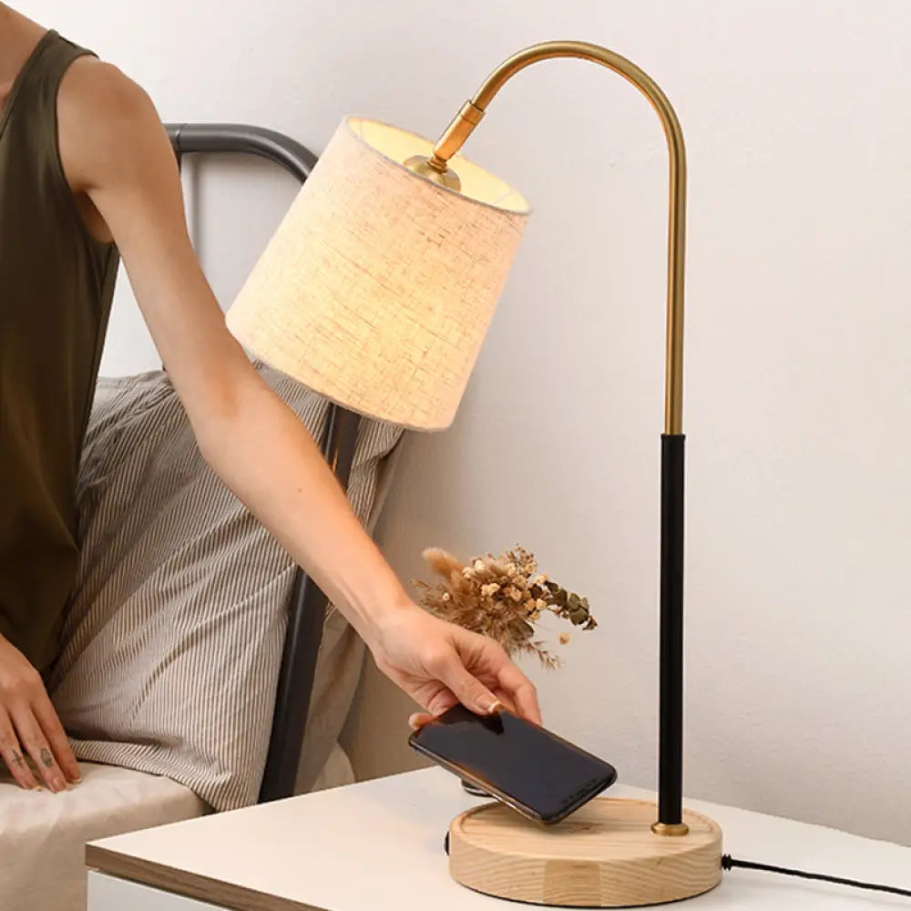 Modern Fabric Barrel Desk Lamp With Curvy Metal Arm - Red/Brown/Beige Night Table Light Beige