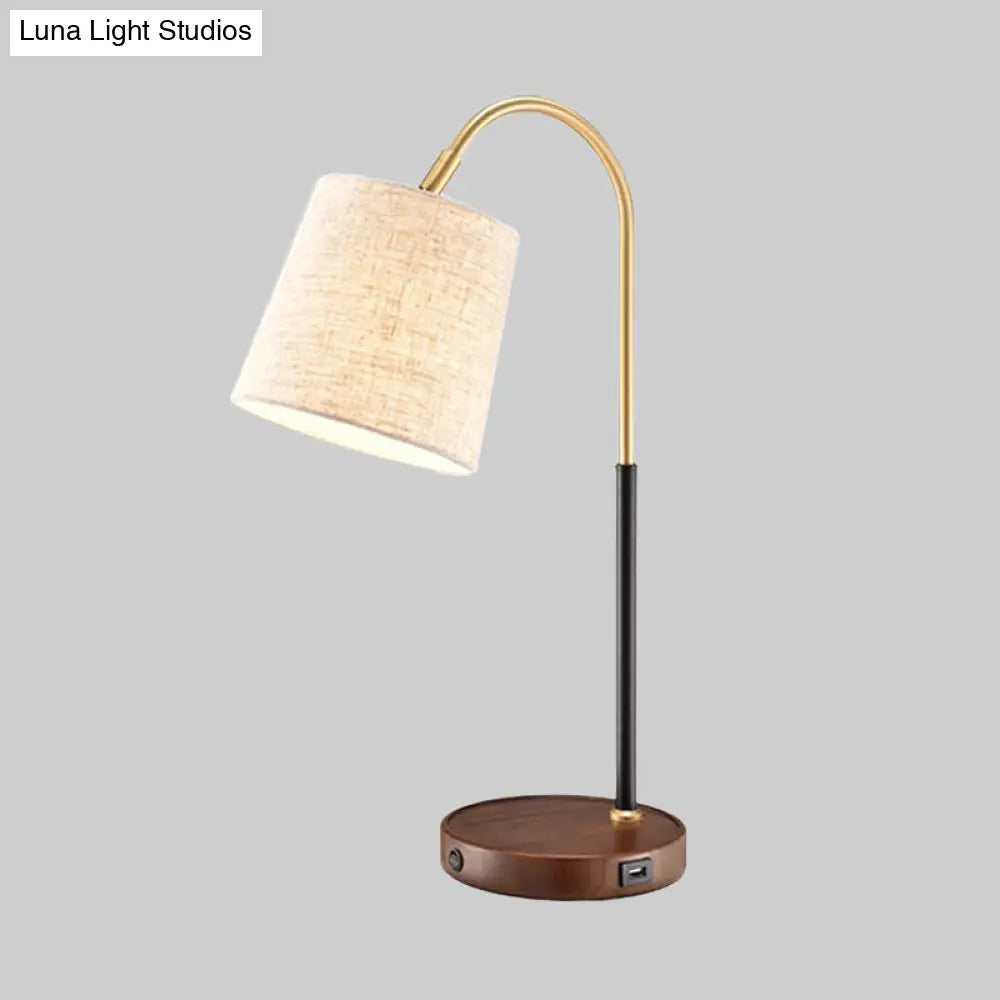 Modern Fabric Barrel Desk Lamp With Curvy Metal Arm - Red/Brown/Beige Night Table Light