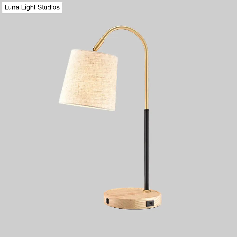 Modern Fabric Barrel Desk Lamp With Curvy Metal Arm - Red/Brown/Beige Night Table Light