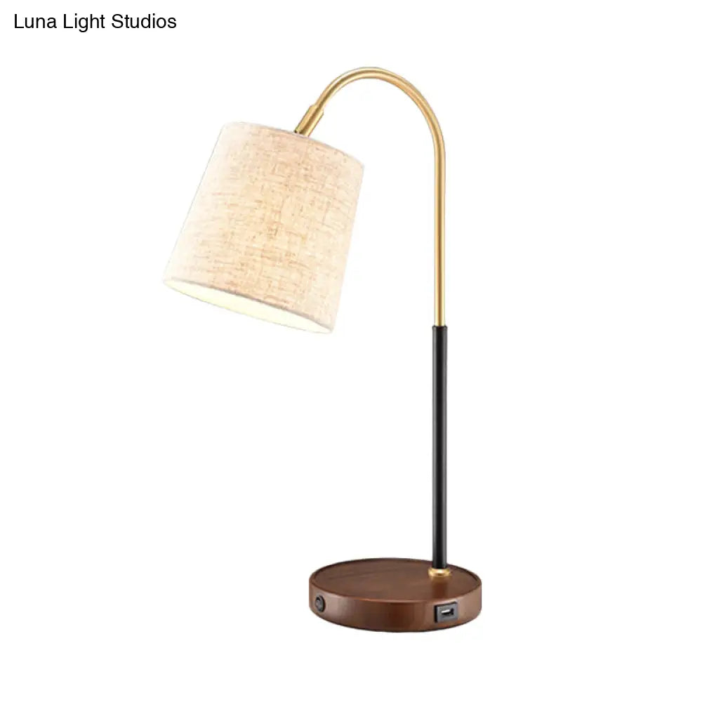 Modern Fabric Barrel Desk Lamp With Curvy Metal Arm - Red/Brown/Beige Night Table Light