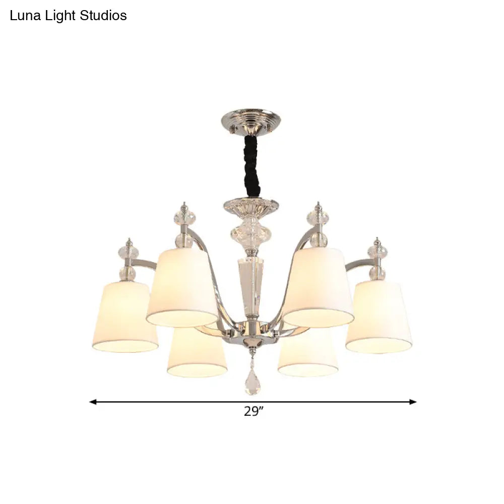 Modern Fabric Chandelier Light Fixture With Crystal Drop - Conic Design Chrome Suspension 3/6 Heads