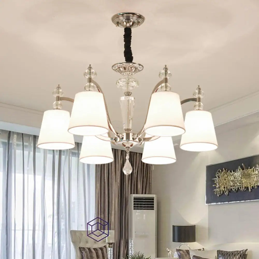 Modern Fabric Chandelier Light Fixture With Crystal Drop - Conic Design Chrome Suspension 3/6 Heads