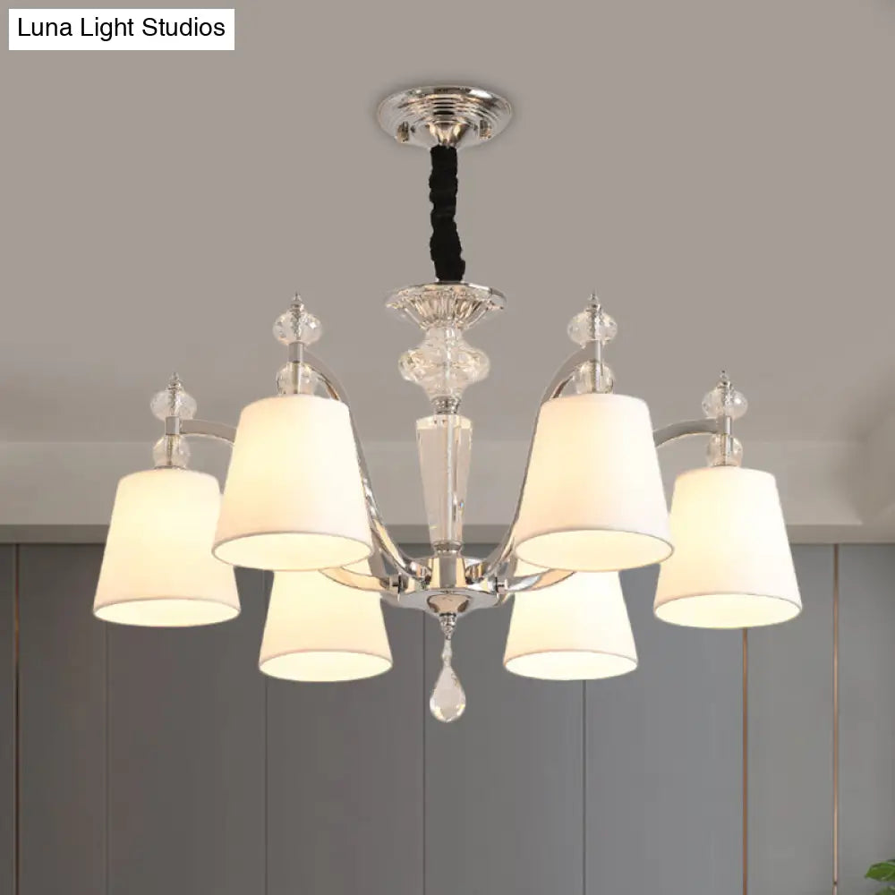 Modern Fabric Chandelier Light Fixture With Crystal Drop - Conic Design Chrome Suspension 3/6 Heads