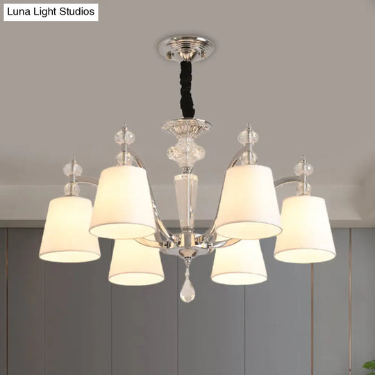 Modern Fabric Chandelier Light Fixture With Crystal Drop - Conic Design Chrome Suspension 3/6 Heads