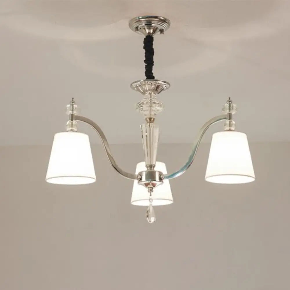 Modern Fabric Chandelier Light Fixture With Crystal Drop - Conic Design Chrome Suspension 3/6 Heads