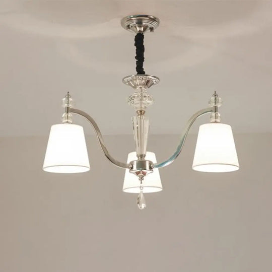 Modern Fabric Chandelier Light Fixture With Crystal Drop - Conic Design Chrome Suspension 3/6 Heads