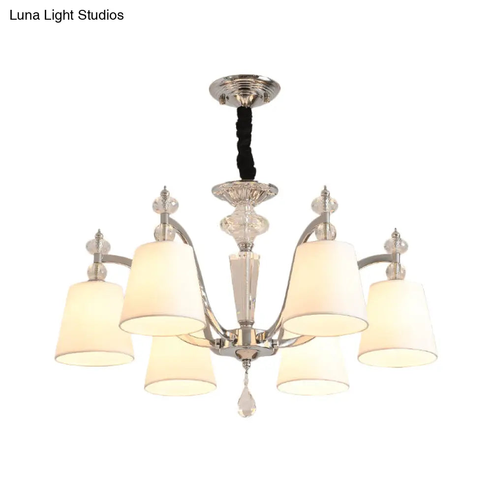 Modern Fabric Chandelier Light Fixture With Crystal Drop - Conic Design Chrome Suspension 3/6 Heads