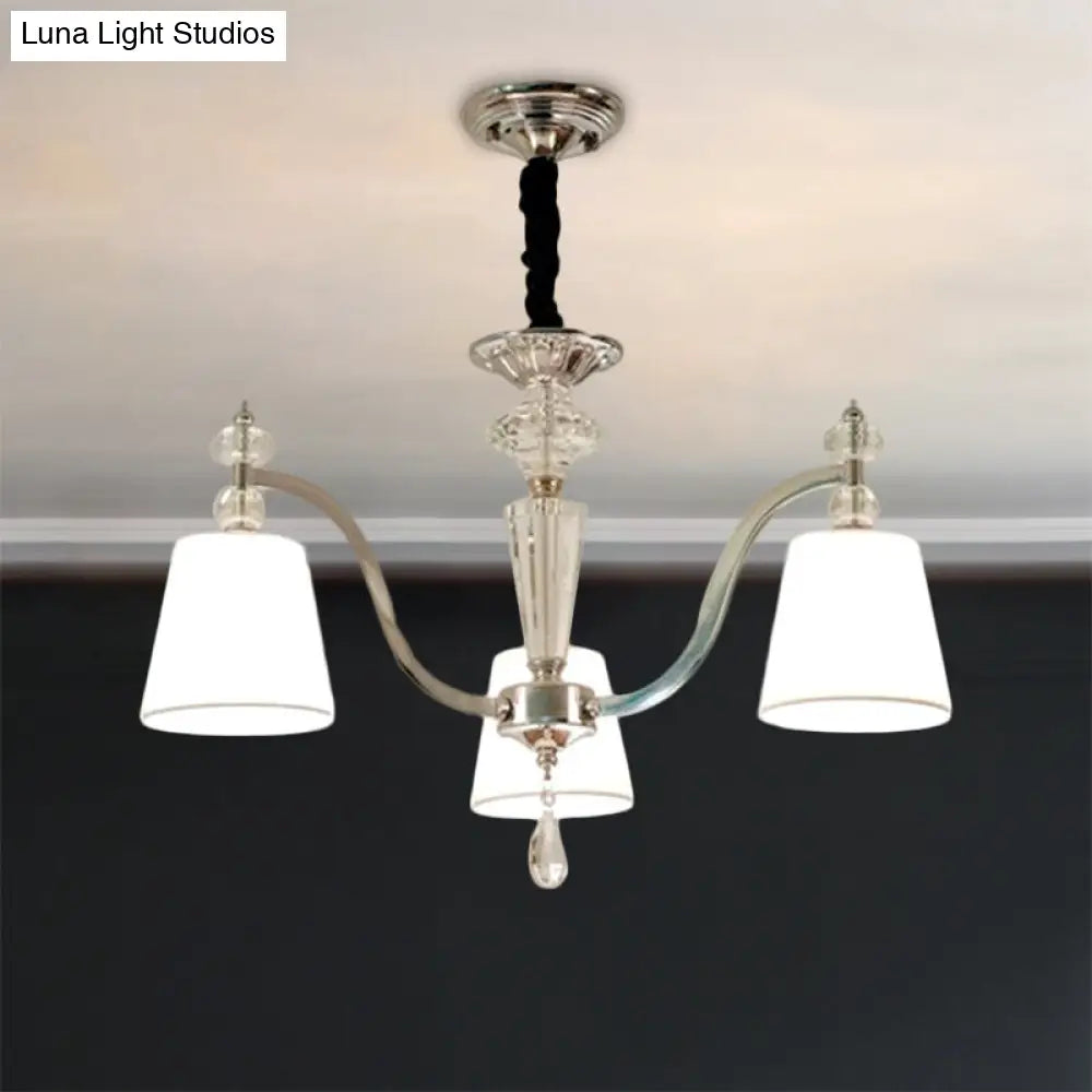 Modern Fabric Chandelier Light Fixture With Crystal Drop: Conic Design Chrome Suspension Pendant 3/6