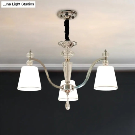 Modern Fabric Chandelier Light Fixture With Crystal Drop: Conic Design Chrome Suspension Pendant 3/6