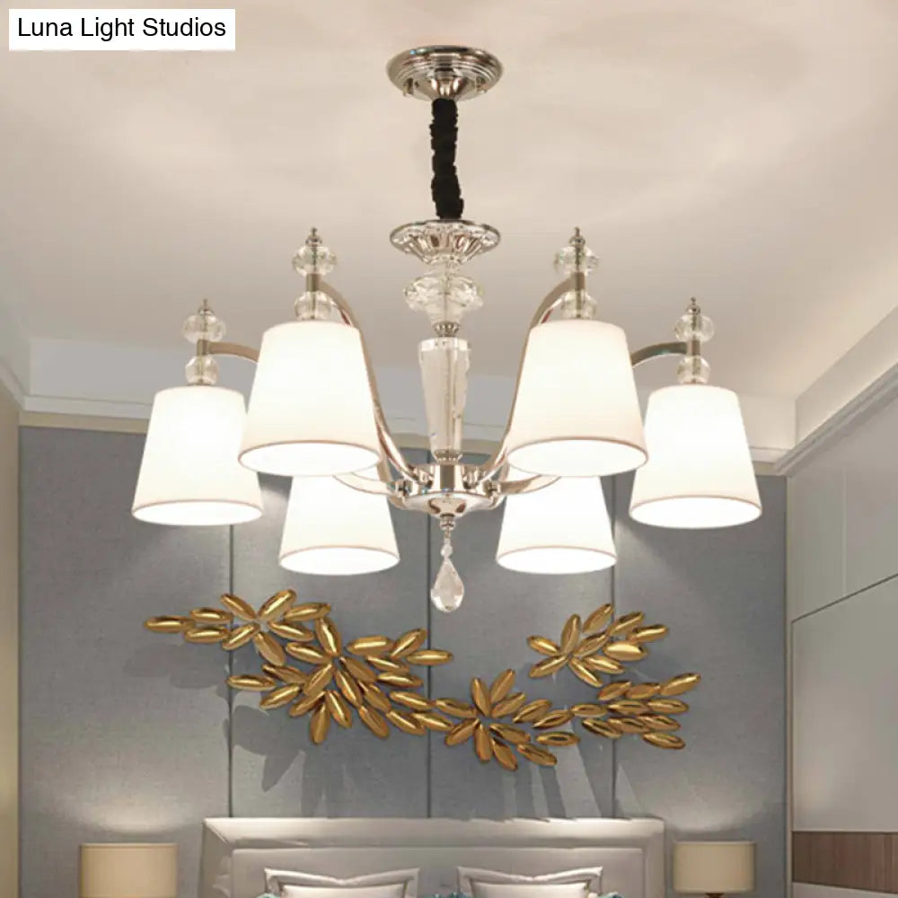 Modern Fabric Chandelier Light Fixture With Crystal Drop - Conic Design Chrome Suspension 3/6 Heads