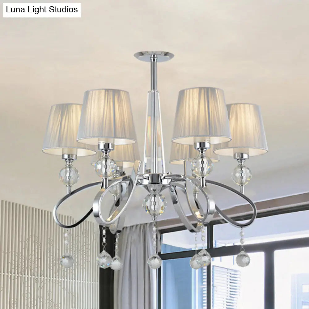 Modern Fabric Cone Chandelier Pendant With Crystal Accents - 6 Heads Suspended Lighting Fixture In