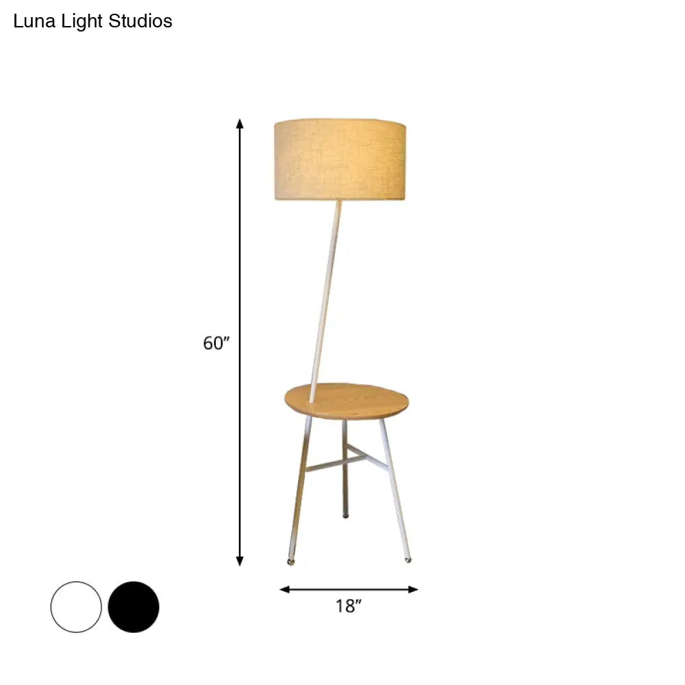 Modern Fabric Cone/Drum/Tapered Floor Lamp With Table & Storage Rack - Black/White/Wood Stand Up