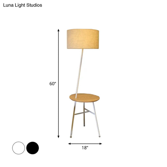 Modern Fabric Cone/Drum/Tapered Floor Lamp With Table & Storage Rack - Black/White/Wood Stand Up