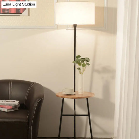 Modern Fabric Cone/Drum/Tapered Floor Lamp With Table & Storage Rack - Black/White/Wood Stand Up