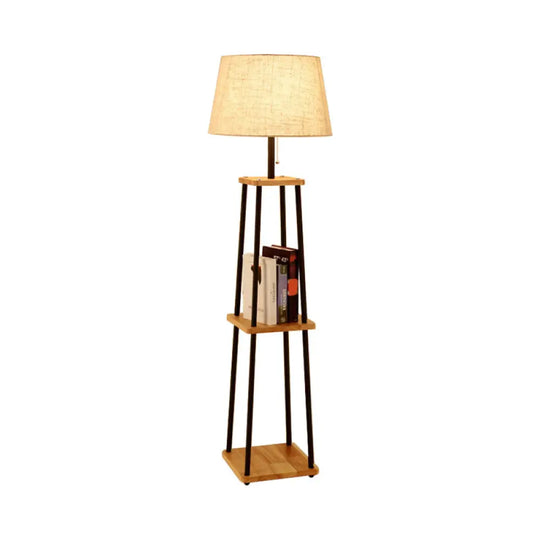 Modern Fabric Cone/Drum/Tapered Floor Lamp With Table & Storage Rack - Black/White/Wood Stand Up