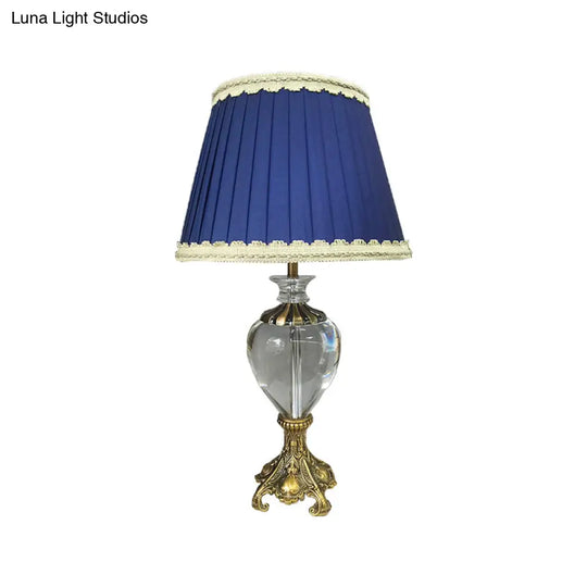 Modern Fabric Cone Study Lamp: Blue Table Light With Brass Metallic Base