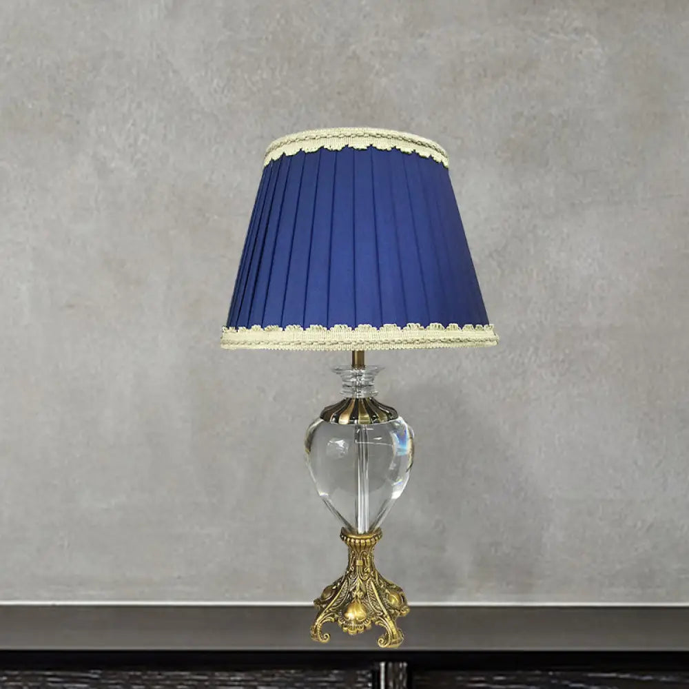 Modern Fabric Cone Study Lamp: Blue Table Light With Brass Metallic Base