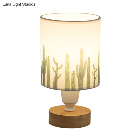 Modern Fabric Cylinder Desk Light: 1-Bulb Reading Lamp With Tree/Fish/Cactus Deco Wooden Base In