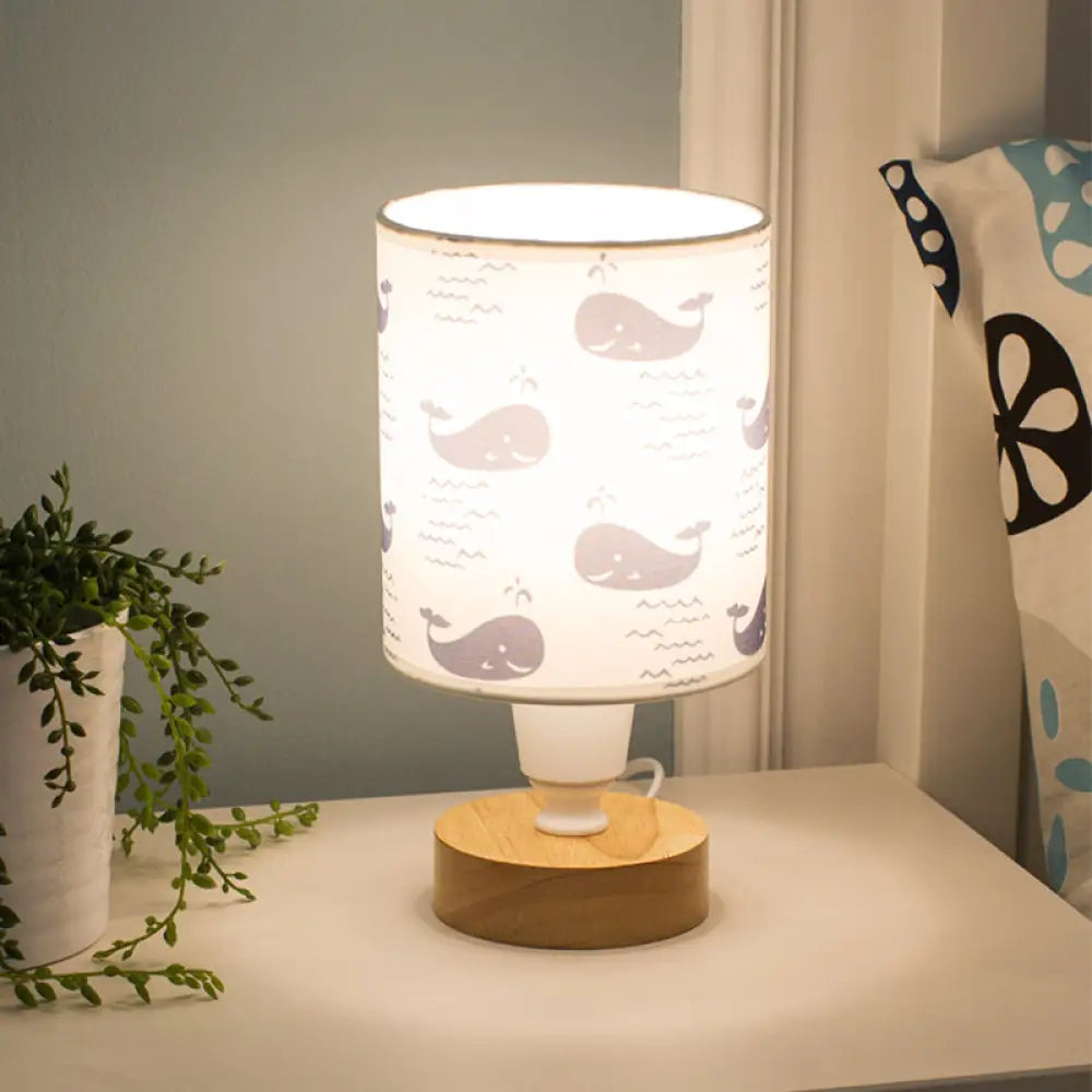 Modern Fabric Cylinder Desk Light: 1-Bulb Reading Lamp With Tree/Fish/Cactus Deco Wooden Base In