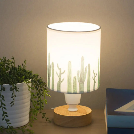 Modern Fabric Cylinder Desk Light: 1-Bulb Reading Lamp With Tree/Fish/Cactus Deco Wooden Base In