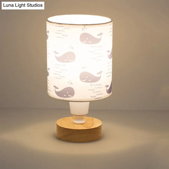 Modern Fabric Cylinder Desk Light: 1-Bulb Reading Lamp With Tree/Fish/Cactus Deco Wooden Base In