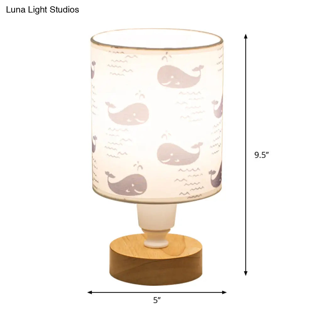 Modern Fabric Cylinder Desk Light: 1-Bulb Reading Lamp With Tree/Fish/Cactus Deco Wooden Base In