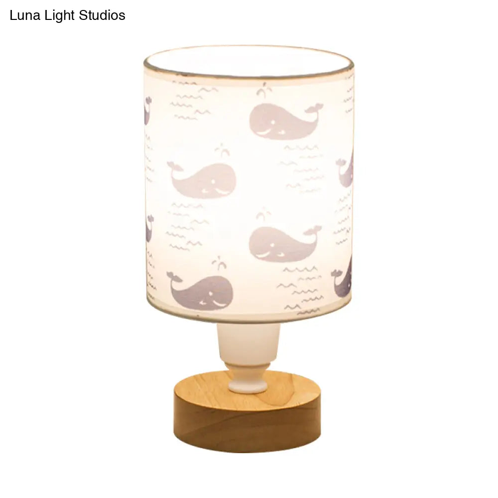 Modern Fabric Cylinder Desk Light: 1-Bulb Reading Lamp With Tree/Fish/Cactus Deco Wooden Base In