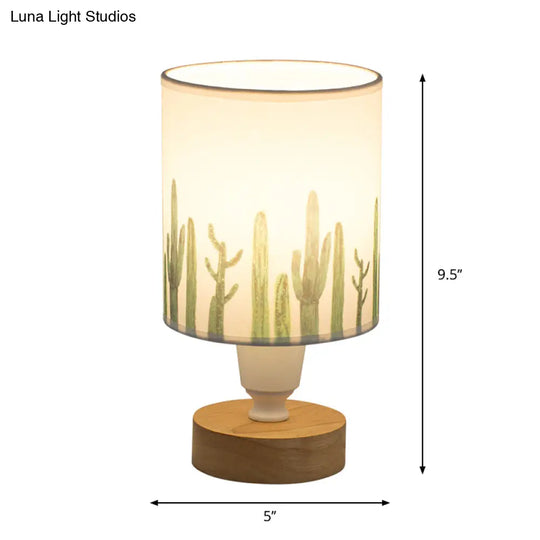 Modern Fabric Cylinder Desk Light: 1-Bulb Reading Lamp With Tree/Fish/Cactus Deco Wooden Base In