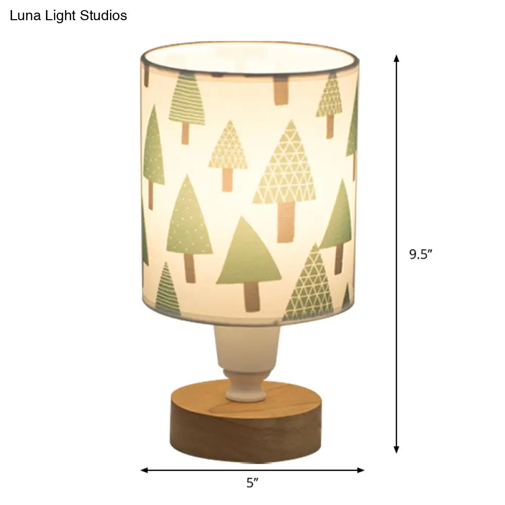 Modern Fabric Cylinder Desk Light: 1-Bulb Reading Lamp With Tree/Fish/Cactus Deco Wooden Base In