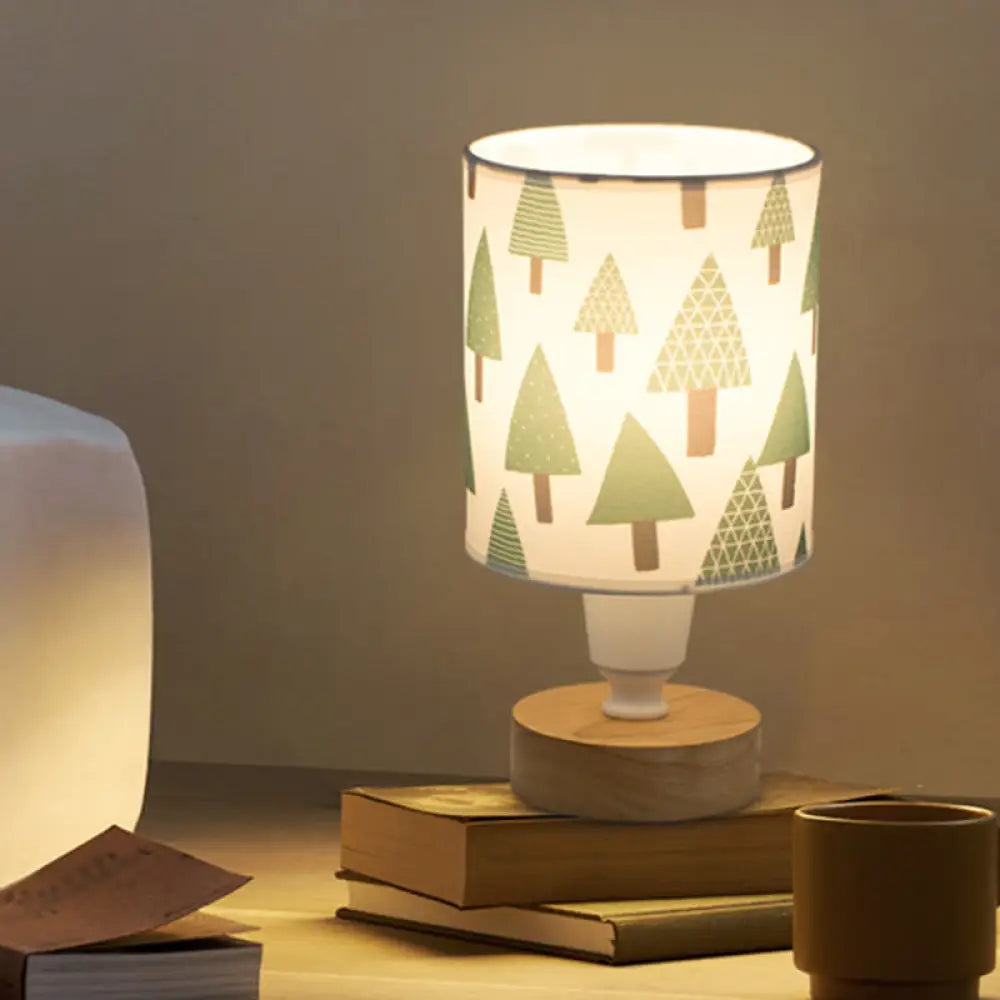 Modern Fabric Cylinder Desk Light: 1-Bulb Reading Lamp With Tree/Fish/Cactus Deco Wooden Base In