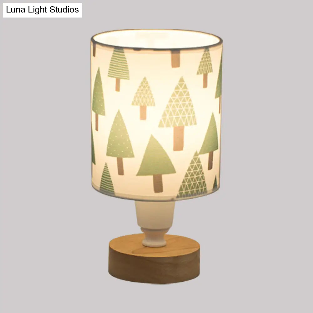 Modern Fabric Cylinder Desk Light: 1-Bulb Reading Lamp With Tree/Fish/Cactus Deco Wooden Base In