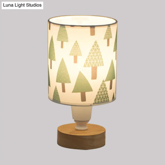 Modern Fabric Cylinder Desk Light: 1-Bulb Reading Lamp With Tree/Fish/Cactus Deco Wooden Base In