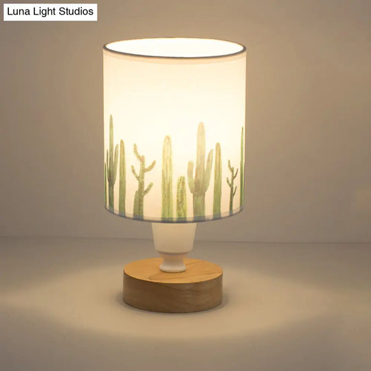 Modern Fabric Cylinder Desk Light: 1-Bulb Reading Lamp With Tree/Fish/Cactus Deco Wooden Base In