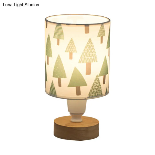 Modern Fabric Cylinder Desk Light: 1-Bulb Reading Lamp With Tree/Fish/Cactus Deco Wooden Base In