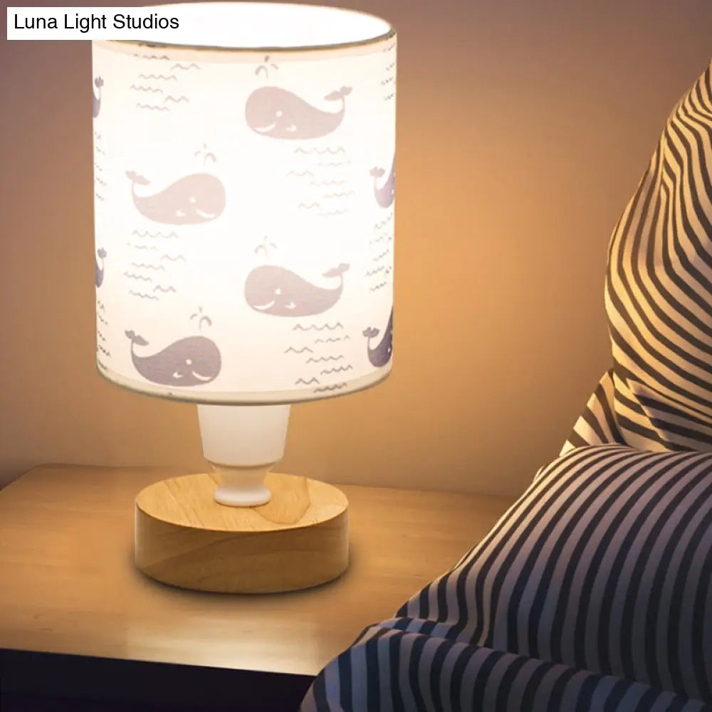 Modern Fabric Cylinder Desk Light: 1-Bulb Reading Lamp With Tree/Fish/Cactus Deco Wooden Base In