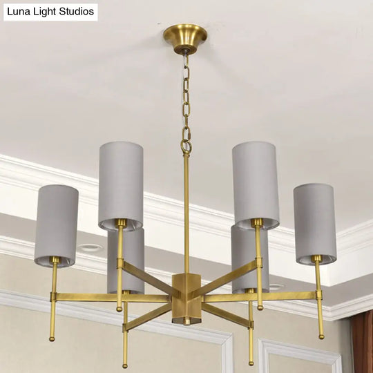 Modern Fabric Cylinder Suspension Light - 6 Heads Chandelier In Grey/White For Living Room