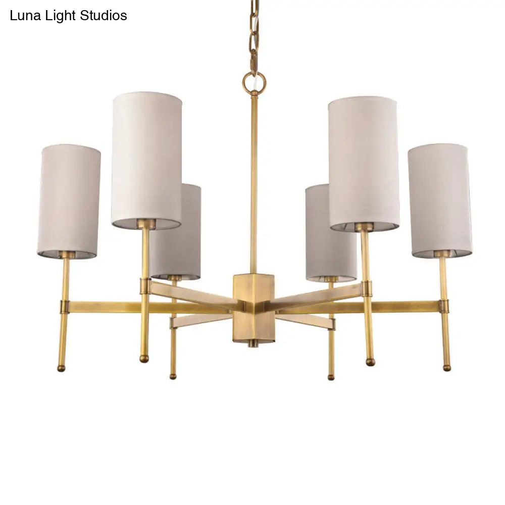 Modern Fabric Cylinder Suspension Light - 6 Heads Chandelier In Grey/White For Living Room