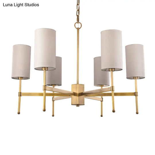 Modern Fabric Cylinder Suspension Light - 6 Heads Chandelier In Grey/White For Living Room