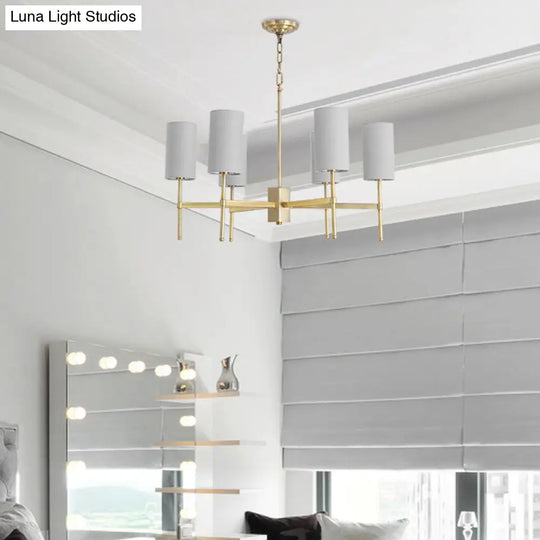 Modern Fabric Cylinder Suspension Light - 6 Heads Chandelier In Grey/White For Living Room