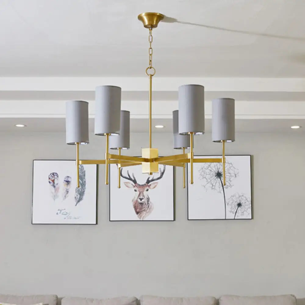 Modern Fabric Cylinder Suspension Light - 6 Heads Chandelier In Grey/White For Living Room Grey