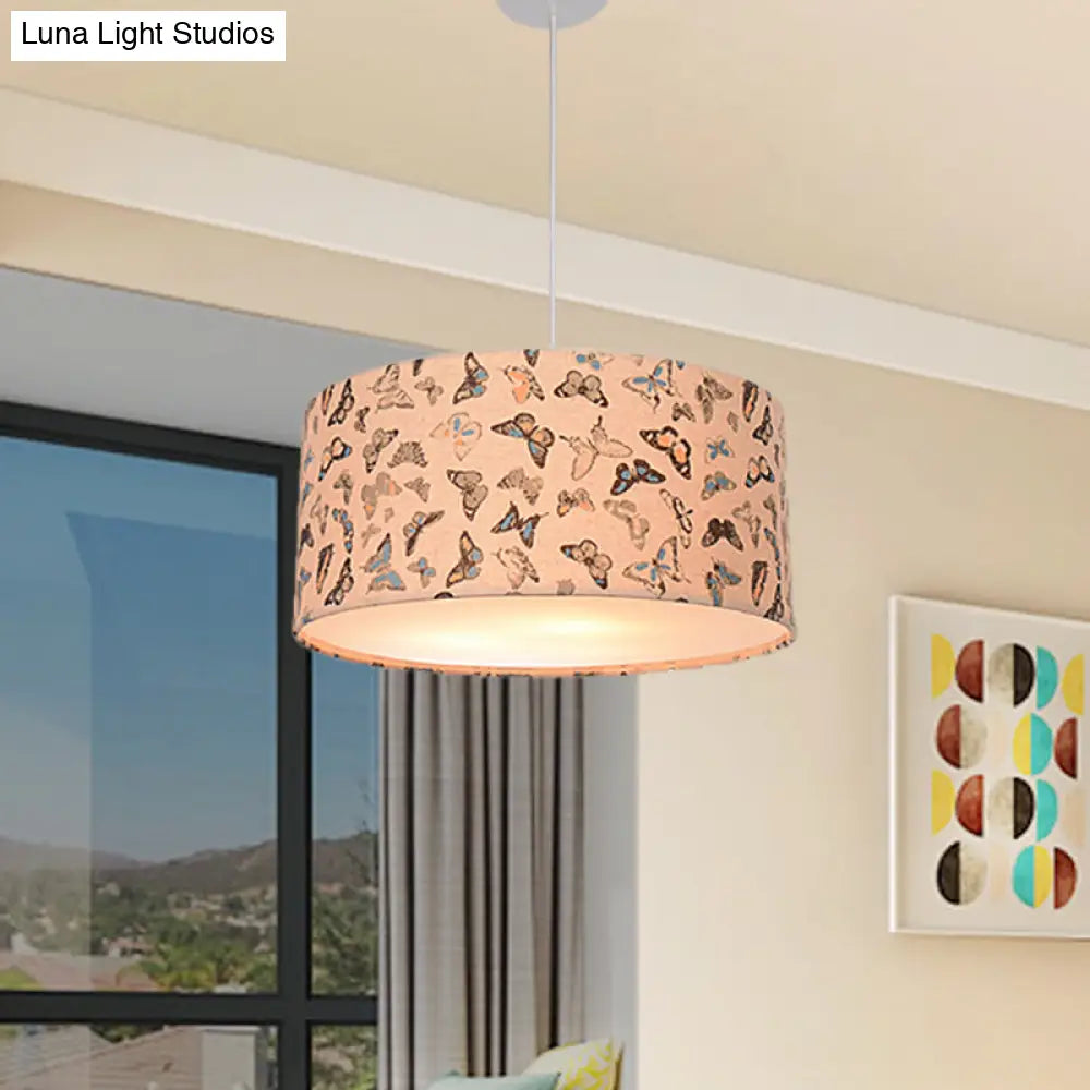 Modern Fabric Drum Hanging Light For Kids Bedroom - Child-Friendly Suspension