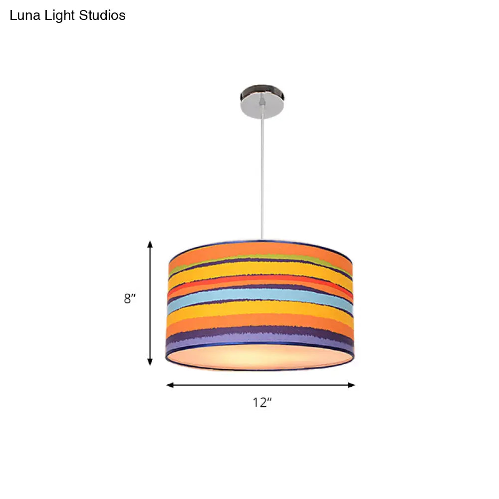 Modern Fabric Drum Hanging Light For Kids Bedroom - Child-Friendly Suspension