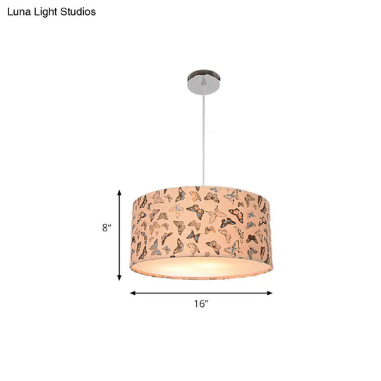 Modern Fabric Drum Hanging Light For Kids Bedroom - Child-Friendly Suspension