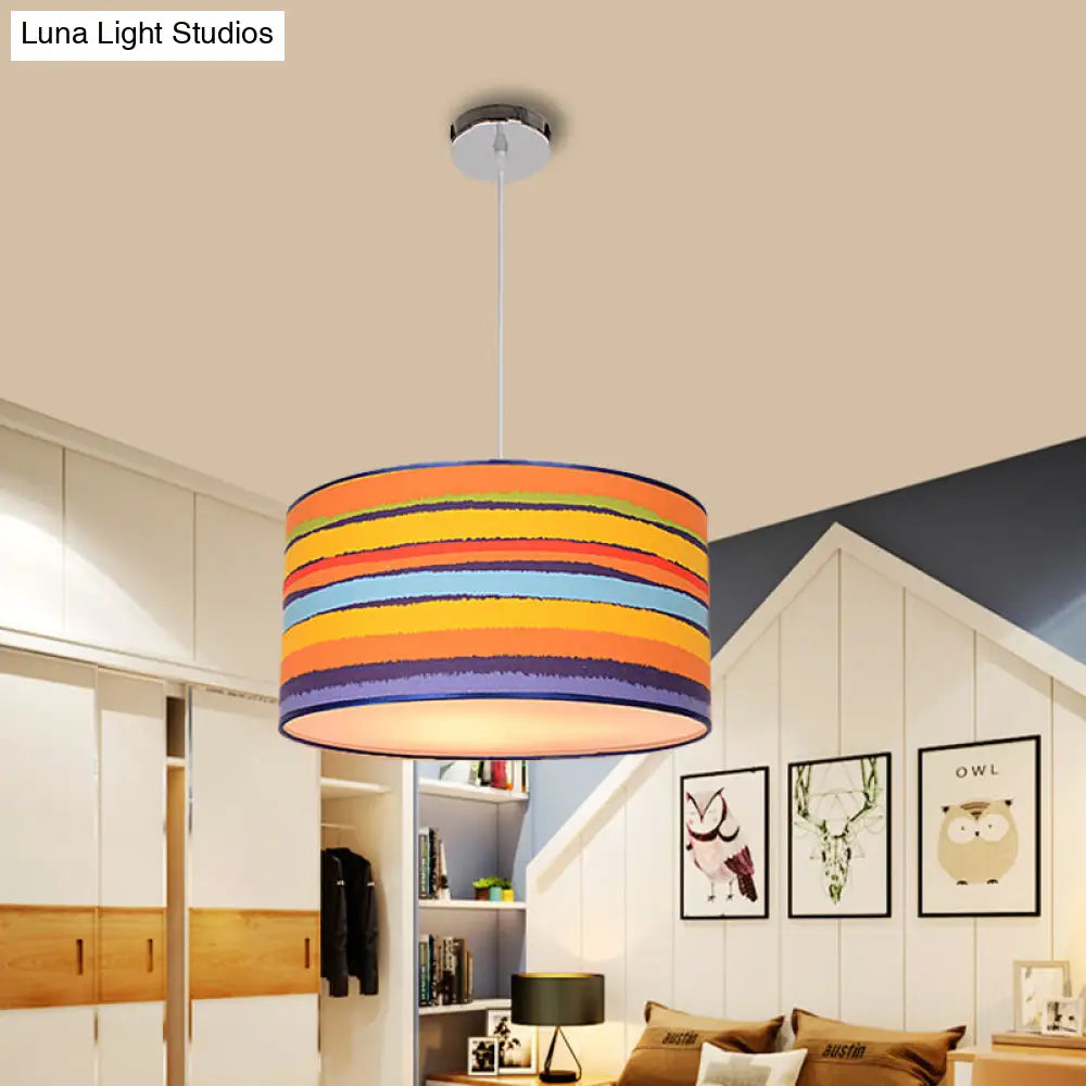 Modern Fabric Drum Hanging Light For Kids Bedroom - Child-Friendly Suspension