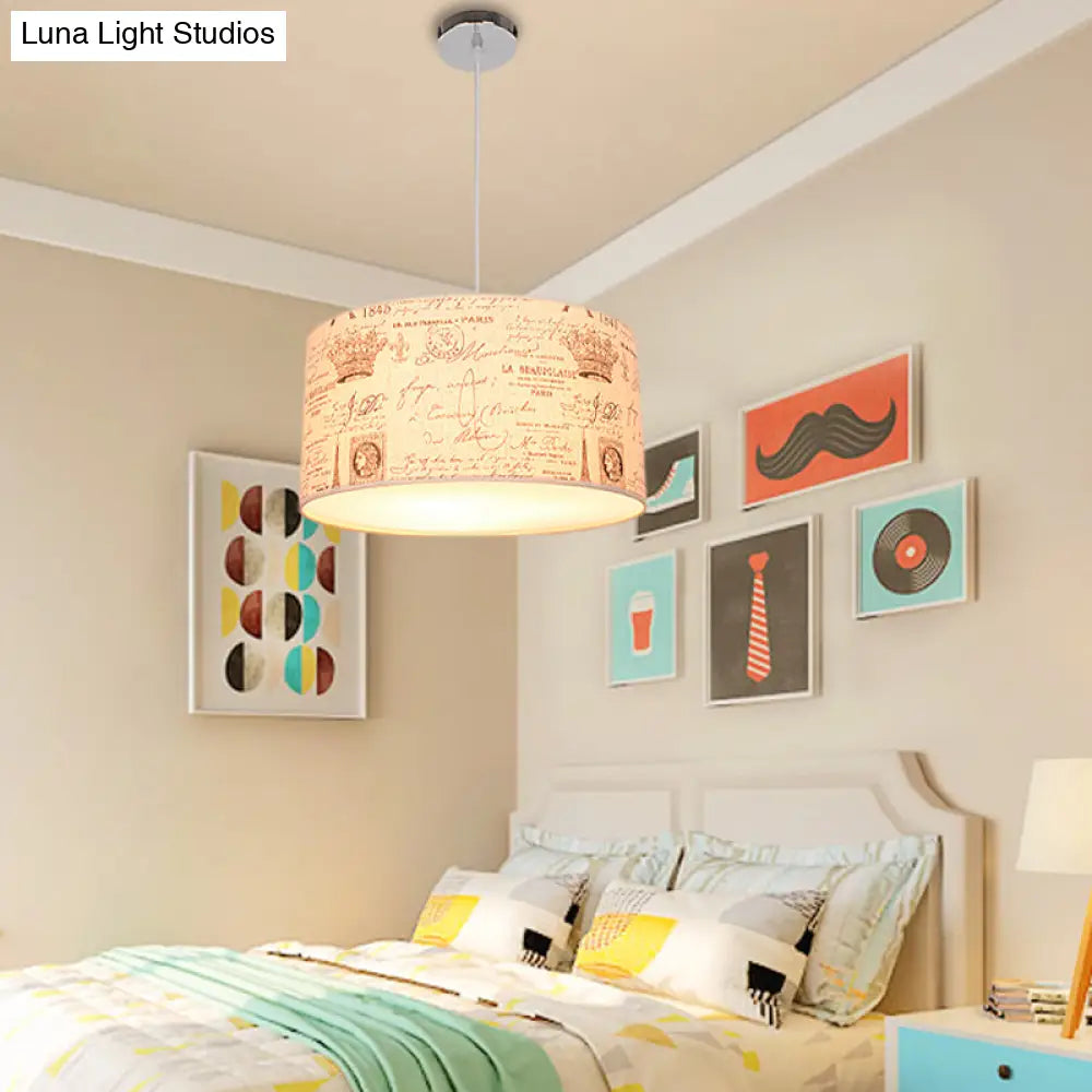 Modern Fabric Drum Hanging Light For Kids Bedroom - Child-Friendly Suspension