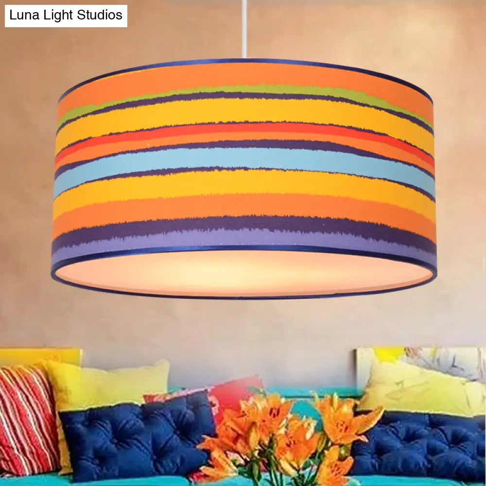 Modern Fabric Drum Hanging Light For Kids Bedroom - Child-Friendly Suspension