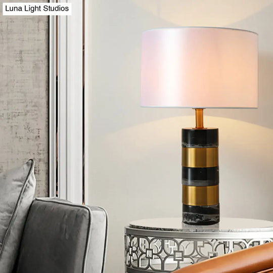 Modern Fabric Drum Lamp With Marble Base - White